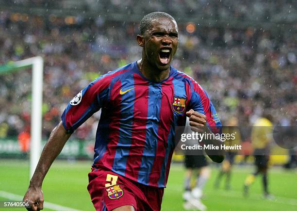 Samuel Eto?o of Barcelona celebrates scoring the equalising goal during the UEFA Champions League Final between Arsenal and Barcelona at the Stade de...