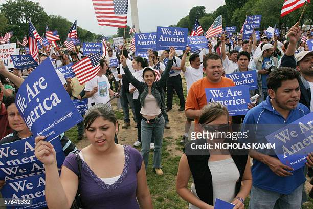 Washington, UNITED STATES: Hundreds of protesters rally 17 May on the National Mall in Washington, DC, to press Congress for immigration reform, just...