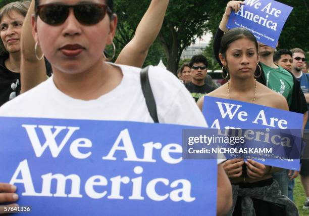 Washington, UNITED STATES: Hundreds of protesters rally 17 May on the National Mall in Washington, DC, to press Congress for immigration reform, just...