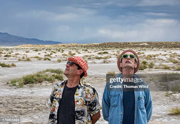 two men looking at the sky - comic image of man with gun in desert stockfoto's en -beelden