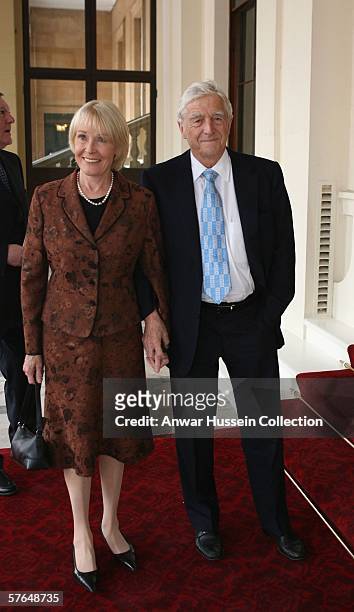 Michael Parkinson and wife Mary arrives at Buckingham Palace for a reception, hosted by Queen Elizabeth II, for those 'Serving Beyond Sixty' on May...