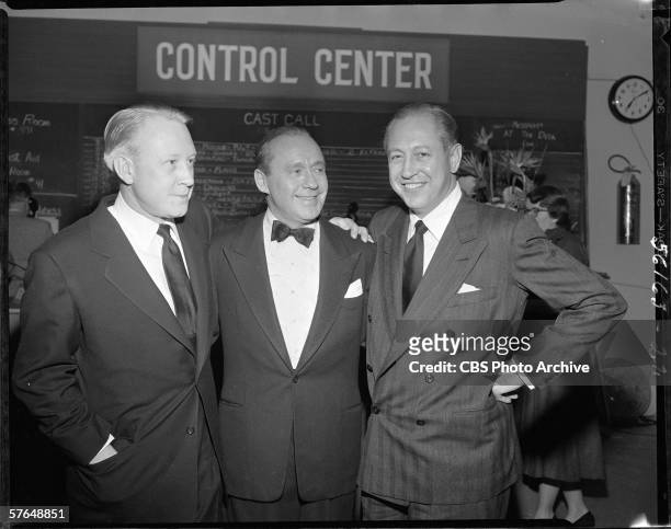 From left, American network executive and President of CBS Dr. Frank Stanton, comedian and actor Jack Benny , and broadcast network executive,...