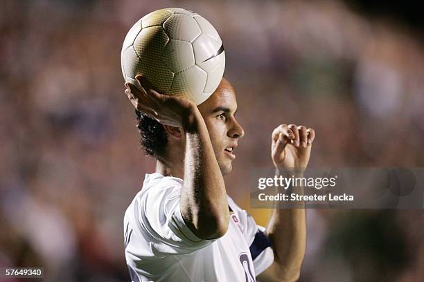 Landon Donovan of the USA gets ready for a throw-in against Jamaica during their international friendly game on April 11, 2006 at SAS Soccer Park in...