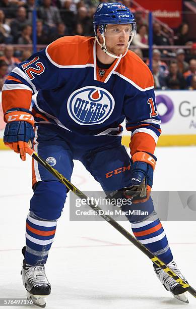 Rob Klinkhammer of the Edmonton Oilers plays in the game against the Detroit Red Wings at Rexall Place on October 21, 2015 in Edmonton, Alberta,...