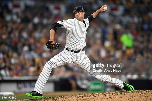 Andrew Miller of the New York Yankees and the American League pitches against the National Leage during the 87th Annual MLB All-Star Game at PETCO...