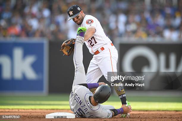 Jose Altuve of the Houston Astros reacts after forcing out Carlos Gonzalez of the Colorado Rockies during the 87th Annual MLB All-Star Game at PETCO...