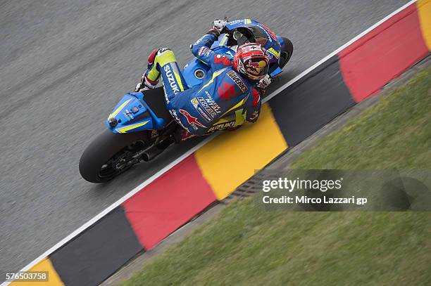 Maverick Vinales of Spain and Team Suzuki ECSTAR rounds the bend during the MotoGp of Germany - Free Practice at Sachsenring Circuit on July 15, 2016...