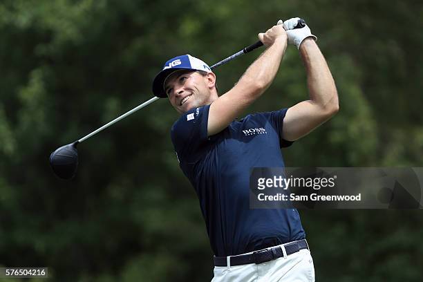 Luke Guthrie hits off the sixteenth tee during the second round of the Barbasol Championship at the Robert Trent Jones Golf Trail at Grand National...