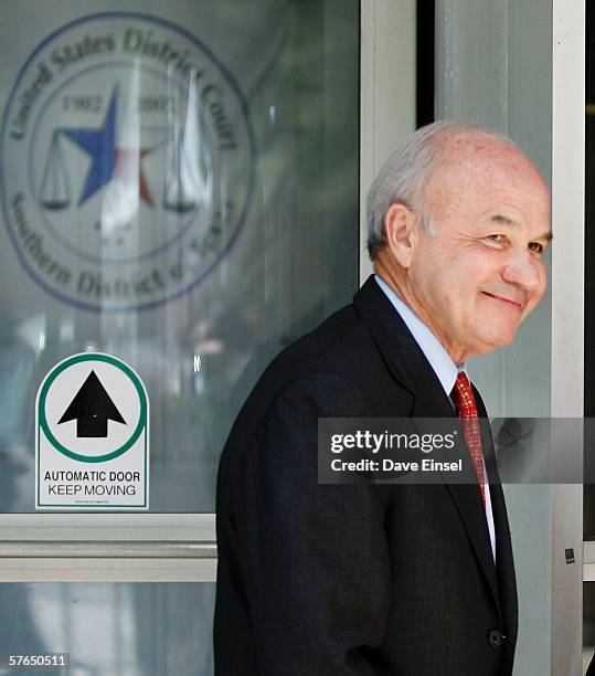 Former Enron chairman Kenneth Lay leaves the Bob Casey U.S. Courthouse after the opening day of his bank fraud trial May 18, 2006 in Houston, Texas....