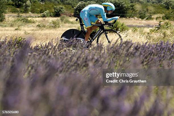 Vincenzo Nibali of Italy riding for Astana Pro Team rides during the stage thirteen individual time trial, a 37.5km stage from Bourg-Saint-Andéol to...