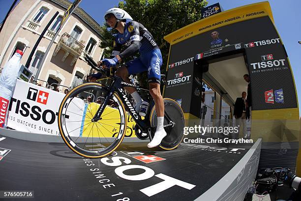 Julian Alaphilippe of France riding for Etixx-Quick Step prepares to ride during the stage thirteen individual time trial, a 37.5km stage from...