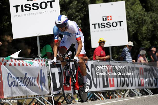 Steve Morabito of Switzerland riding for FDJ rides during the stage thirteen individual time trial, a 37.5km stage from Bourg-Saint-Andéol to La...