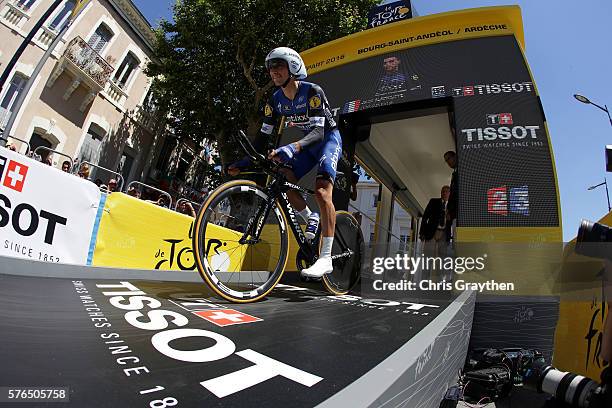 Julian Alaphilippe of France riding for Etixx-Quick Step prepares to ride during the stage thirteen individual time trial, a 37.5km stage from...