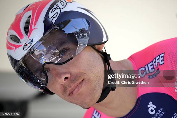 Rui Faria Da Costa of Portugal riding for Lampre-Merida prepares to ride during the stage thirteen individual time trial, a 37.5km stage from...