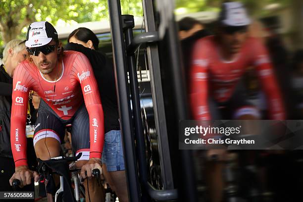 Fabian Cancellara of Switzerland riding for Trek-Segafredo prepares to ride during the stage thirteen individual time trial, a 37.5km stage from...