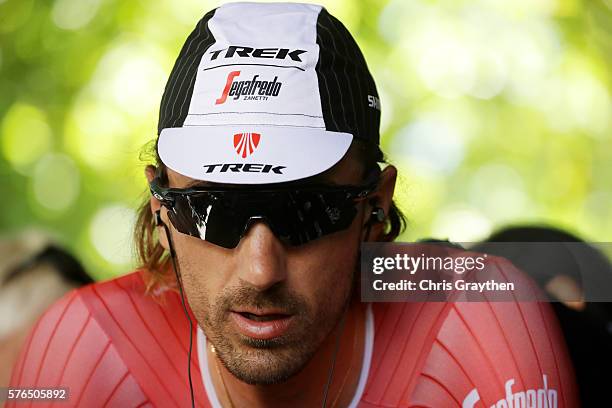 Fabian Cancellara of Switzerland riding for Trek-Segafredo prepares to ride during the stage thirteen individual time trial, a 37.5km stage from...