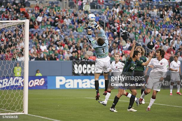 Goaltender Joe Cannon of the Colorado Rapids leaps to block the ball against the D.C. United on May 6, 2006 at Invesco Field at Mile High in Denver,...