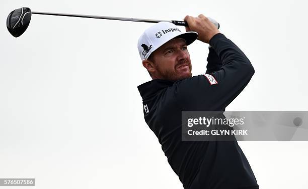Golfer Jimmy Walker watches his drive from the 13th tee during his second round 80 on day two of the 2016 British Open Golf Championship at Royal...