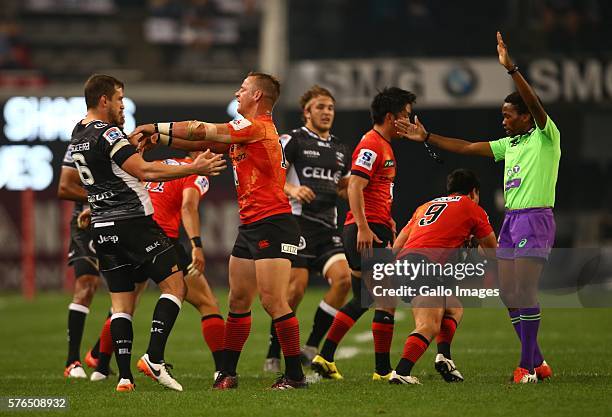 Keegan Daniel of the Cell C Sharks and Riaan Viljoen of the Sunwolves off the ball during the Super Rugby match between the Cell C Sharks and...