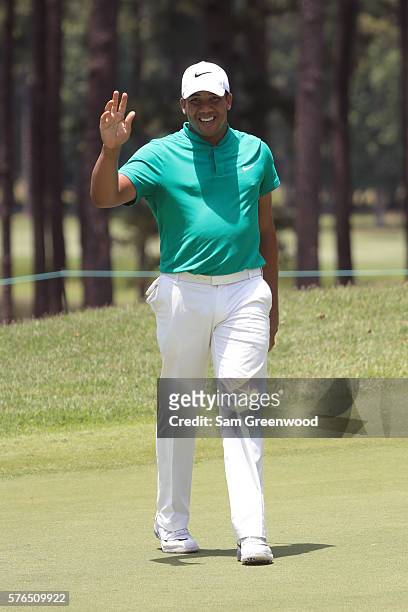 Jhonattan Vegas reacts after his shot off the ninth hole during the second round of the Barbasol Championship at the Robert Trent Jones Golf Trail at...