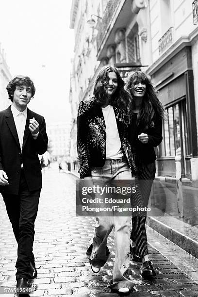 Musical group, Burning Peacocks and Caroline de Maigret are photographed for Madame Figaro on May 9, 2016 in Paris, France. David Baudart: Jacket ,...