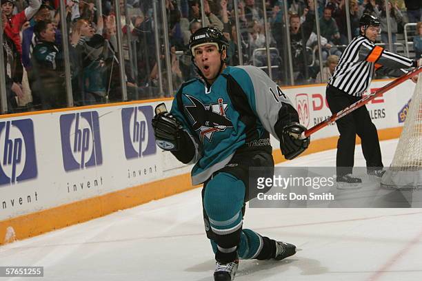 Jonathan Cheechoo of the San Jose Sharks celebrates a goal during a game against the Phoenix Coyotes on April 1, 2006 at the HP Pavilion in San Jose,...
