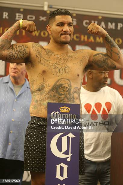 Chris Arreola weighs-in at Legacy Arena at the BJCC on July 15, 2016 in Birmingham, Alabama. The weigh-in is for his July 16th fight against Deontay...