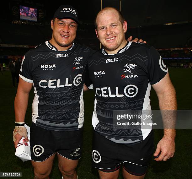 Coenie Oosthuizen with Lourens Adriaanse of the Cell C Sharks gesture during the Super Rugby match between the Cell C Sharks and Sunwolves at...