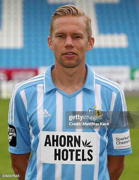 Dennis Grote poses during the Chemnitzer FC team presentation on July 15, 2016 in Chemnitz, Germany.