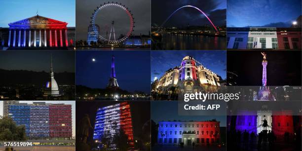 This combination of pictures created on July 16, 2016 shows the French National Assembly, the London Eye, the Gateshead Millennium Bridge in...