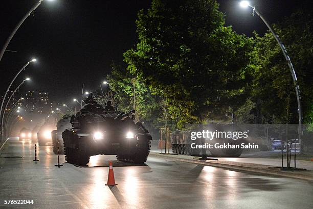 Turkish army tanks move in the main streets in the early morning hours of July 16, 2016 in Ankara, Turkey. Istanbul's bridges across the Bosphorus,...