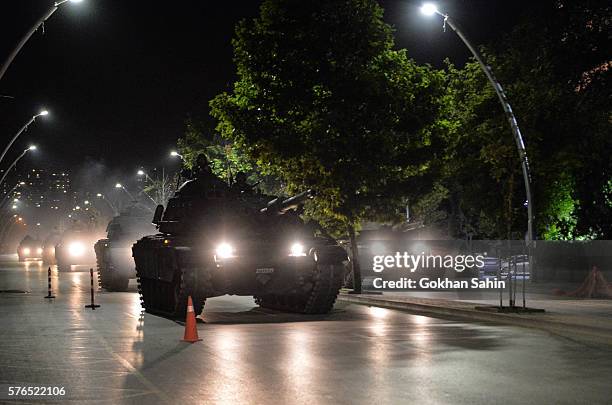 Turkish army tanks move in the main streets in the early morning hours of July 16, 2016 in Ankara, Turkey. Istanbul's bridges across the Bosphorus,...