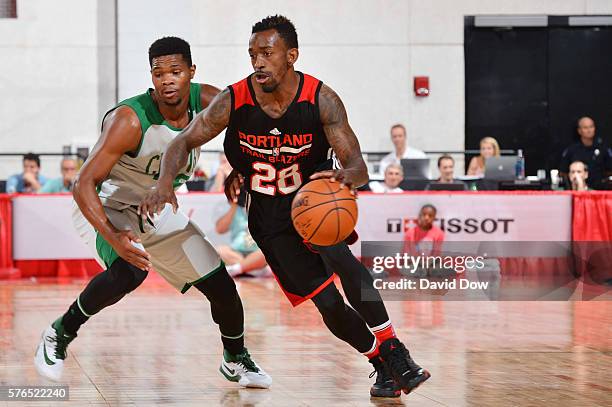 Russ Smith of the Portland Trail Blazers handles the ball against the Boston Celtics during the 2016 NBA Las Vegas Summer League game on July 15,...