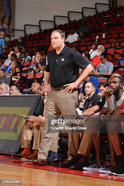 Coach Taylor Jenkins of the Atlanta Hawks looks on against the Memphis Grizzlies during the 2016 NBA Las Vegas Summer League game on July 15, 2016 at...