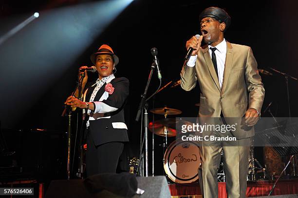 Pauline Black and Arthur Hendrickson of The Selecter perform on stage during Day 4 of Kew The Music at Kew Gardens on July 15, 2016 in London,...