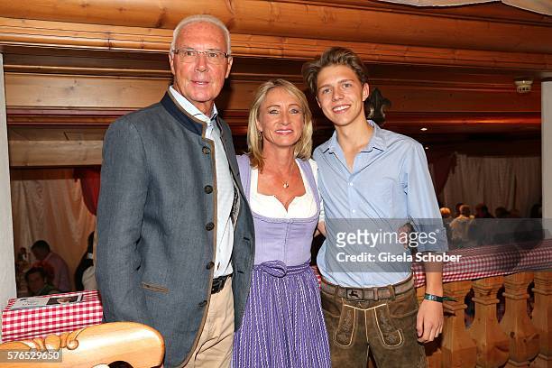 Franz Beckenbauer and his wife Heidi Beckenbauer and their son Joel Maximilian Beckenbauer during a bavarian evening ahead of the Kaiser Cup 2016 on...