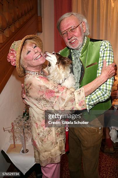 Elke Sommer and her husband Wolf Walther and dog Smiley during a bavarian evening ahead of the Kaiser Cup 2016 on July 15, 2016 in Bad Griesbach near...