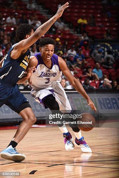 Anthony Brown of the Los Angeles Lakershandles the ball against the Utah Jazz during the 2016 NBA Las Vegas Summer League on July 15, 2016 at The...