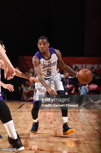 Xavier Munford of the Los Angeles Lakers dribbles the ball against the Utah Jazz during the 2016 NBA Las Vegas Summer League on July 15, 2016 at The...