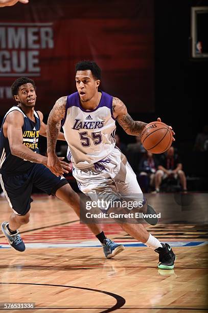 Jabari Brown of the Los Angeles Lakers drives to the basket against the Utah Jazz during the 2016 NBA Las Vegas Summer League on July 15, 2016 at The...