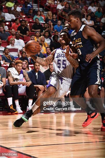 Jabari Brown of the Los Angeles Lakers drives to the basket against the Utah Jazzl during the 2016 NBA Las Vegas Summer League on July 15, 2016 at...