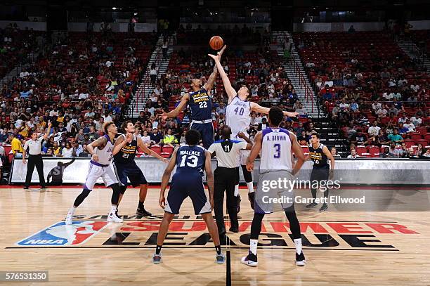 Tip off between Joel Bolomboy of the Utah Jazz and Ivica Zubac of the Los Angeles Lakers during the 2016 NBA Las Vegas Summer League on July 15, 2016...