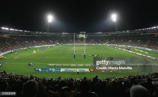 The crowd wait for the start of the Super 14 semi-final match between the Hurricanes and the NSW Waratahs at Westpac Stadium May 19, 2006 in...