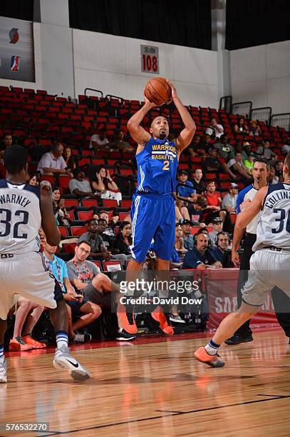 Landry Fields of the Golden State Warriors shoots against the Dallas Mavericks during the 2016 NBA Las Vegas Summer League game on July 15, 2016 at...