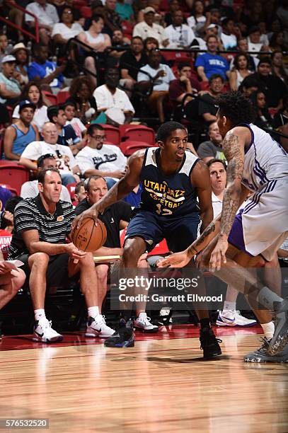 Shaquille McKissic of the Utah Jazz handles the ball against the Los Angeles Lakers during the 2016 NBA Las Vegas Summer League on July 15, 2016 at...