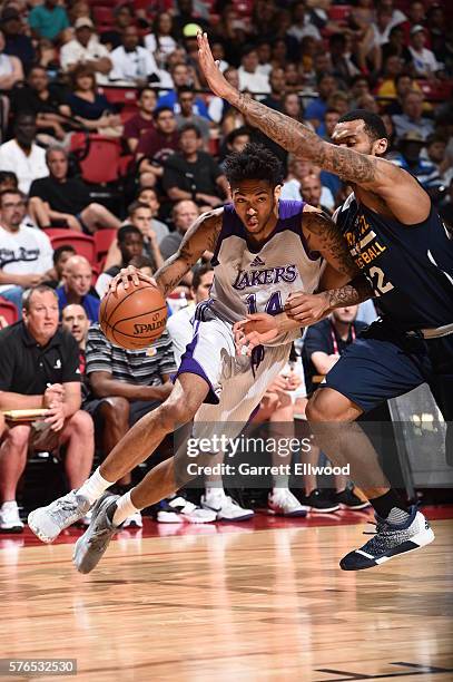 Brandon Ingram of the Los Angeles Lakers drives to the basket against the Utah Jazz during the 2016 NBA Las Vegas Summer League on July 15, 2016 at...