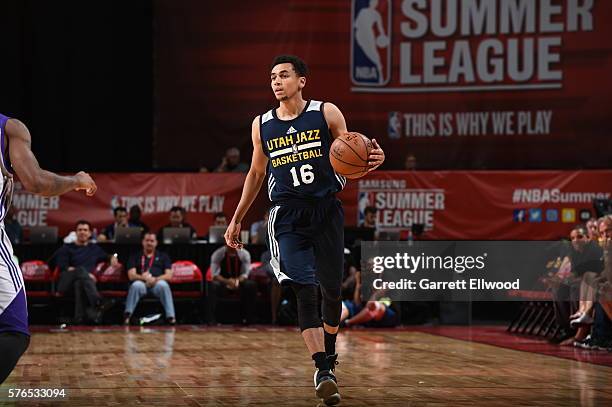 Marcus Paige of the Utah Jazz brings the ball up court against the Los Angeles Lakers during the 2016 NBA Las Vegas Summer League on July 15, 2016 at...