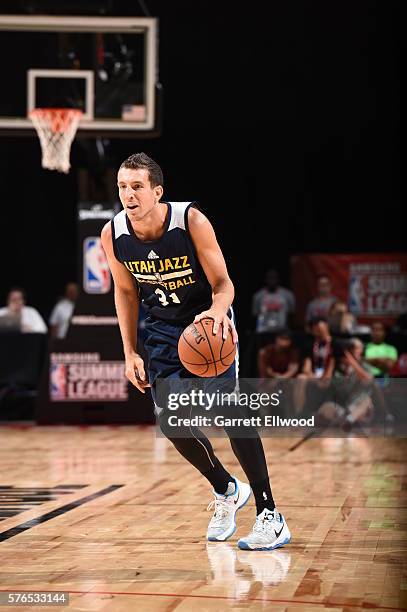 Spencer Butterfield of the Utah Jazz dribbles the ball against the Los Angeles Lakers during the 2016 NBA Las Vegas Summer League on July 15, 2016 at...