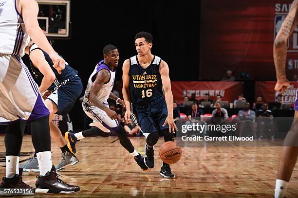 Marcus Paige of the Utah Jazz dribbles the ball against the Los Angeles Lakers during the 2016 NBA Las Vegas Summer League on July 15, 2016 at The...
