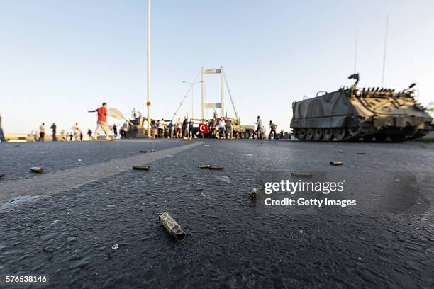 Bullet cases from clashes are seen on the ground onBosphorus bridge on July 16, 2016 in Istanbul,Turkey. Istanbul's bridges across the Bosphorus, the...